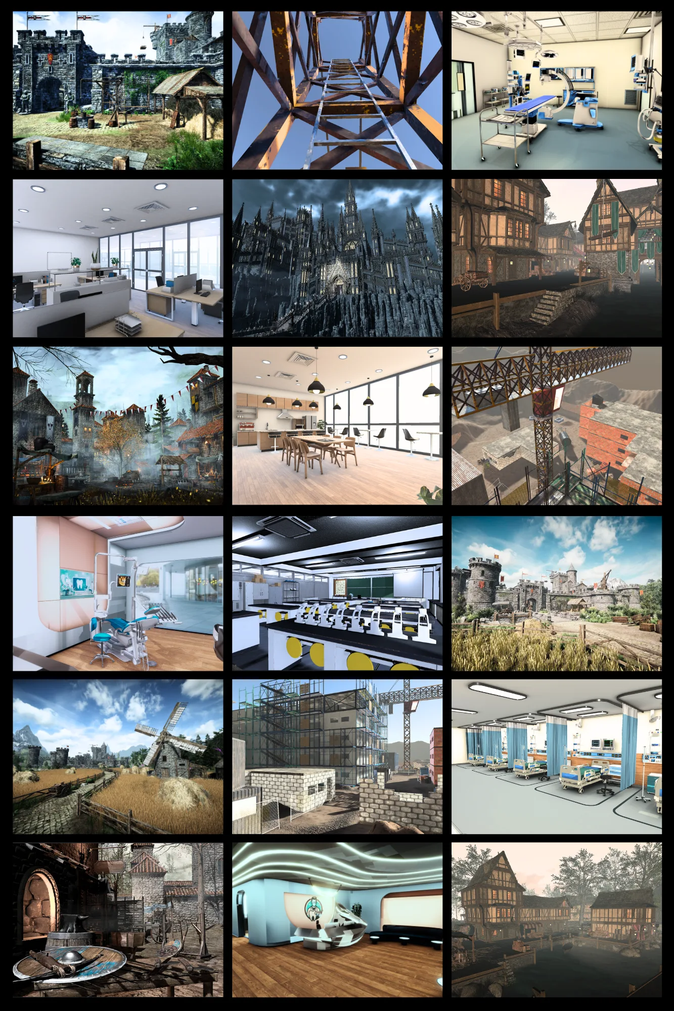 A collage of 18 Looping ILM environments, including castles and medieval villages, construction sites, a hospital ward, an operating theatre, a dental clinic, a science lab, offices and a kitchen