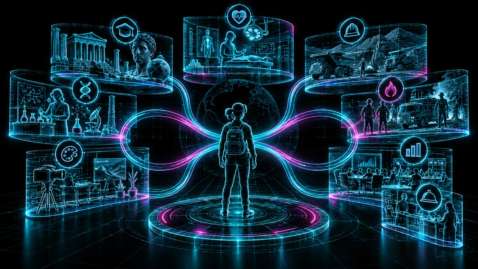 One learner surrounded by different settings, including history, science, healthcare, mining, emergency response, business, hospitality and the arts