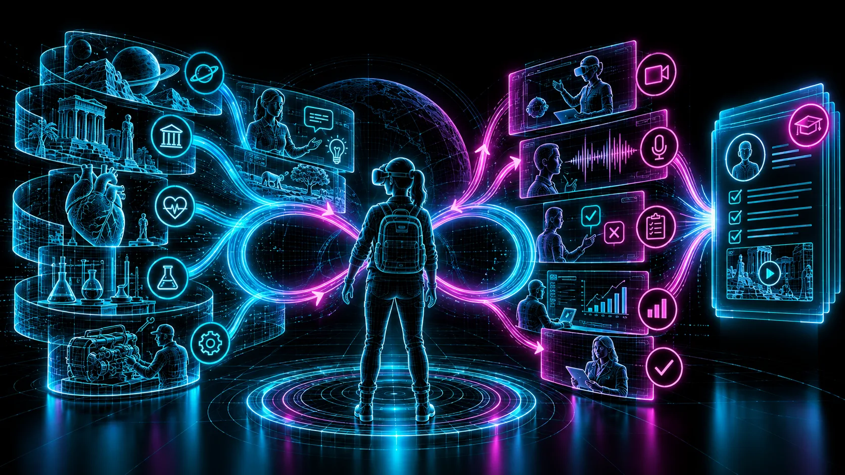 A learner in a VR headset at the centre, with subjects like history, science, health and engineering flowing in, and their responses, decisions and results flowing out as evidence
