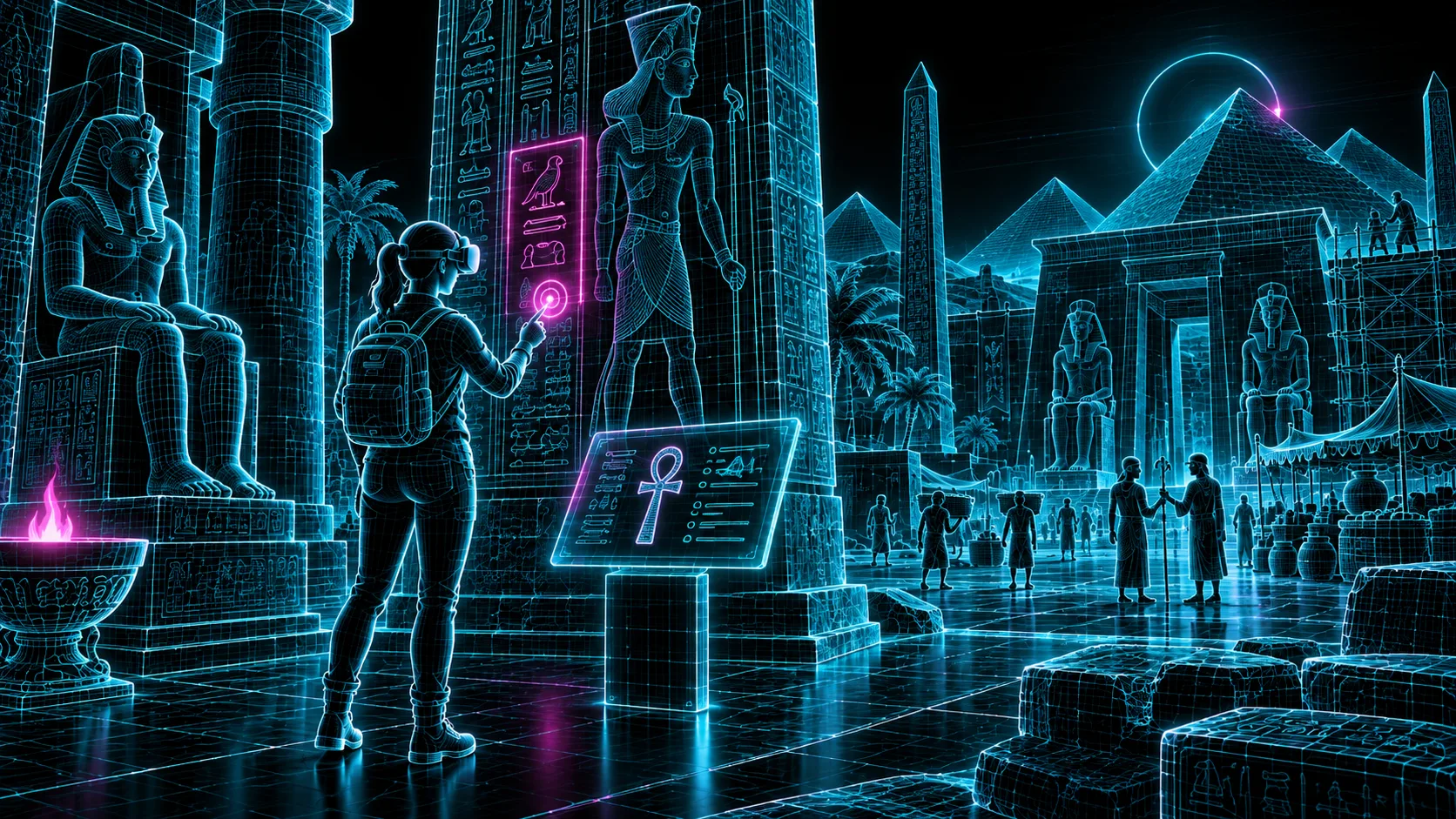 A learner in a VR headset exploring an ancient Egyptian temple, reading hieroglyphs and touching an interactive display